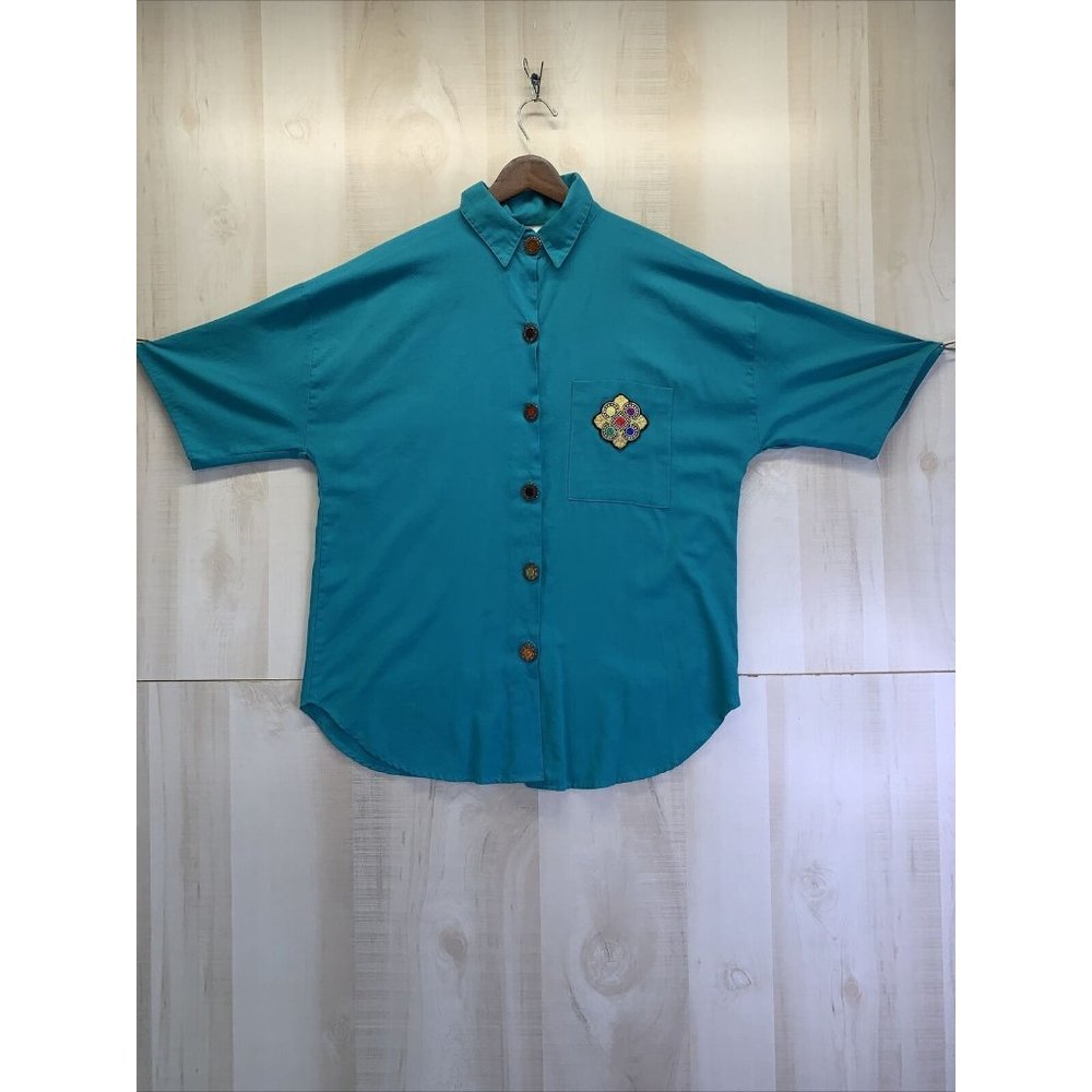 Vintage Touché LA Teal Embellished Womens Top Medium-10219